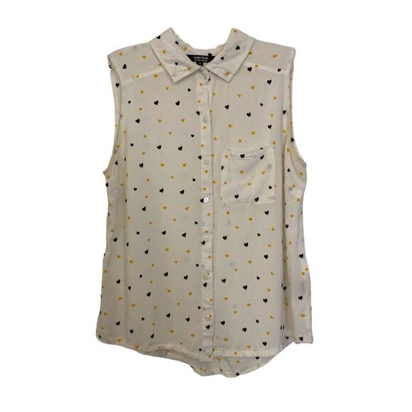 Louise Paris Gold & Blue Hearts Print Button Down Top | Size M - Picture 1 of 3